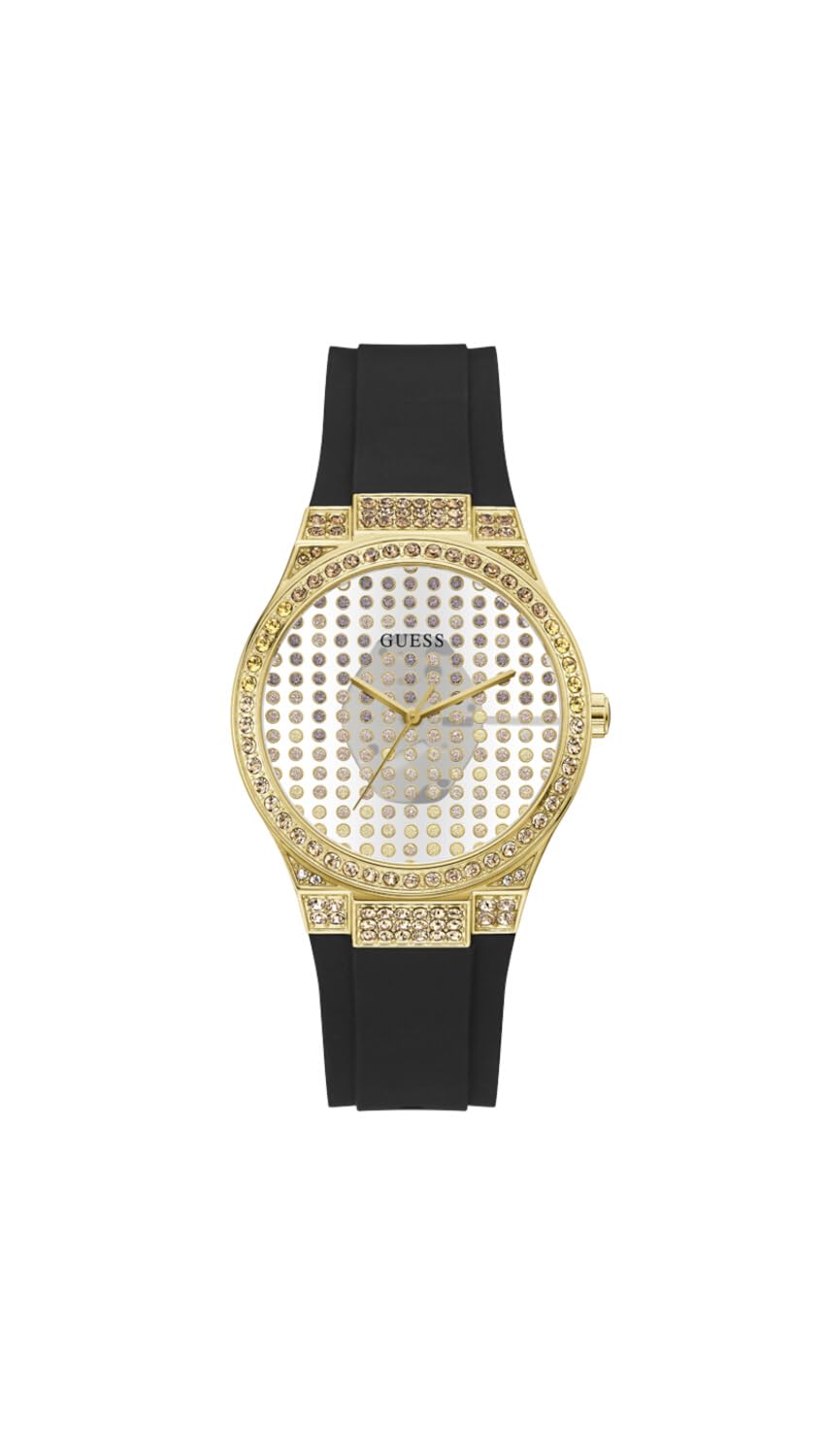 GUESS US Women's Clear Gold-Tone and Black Silicone Analog Watch
