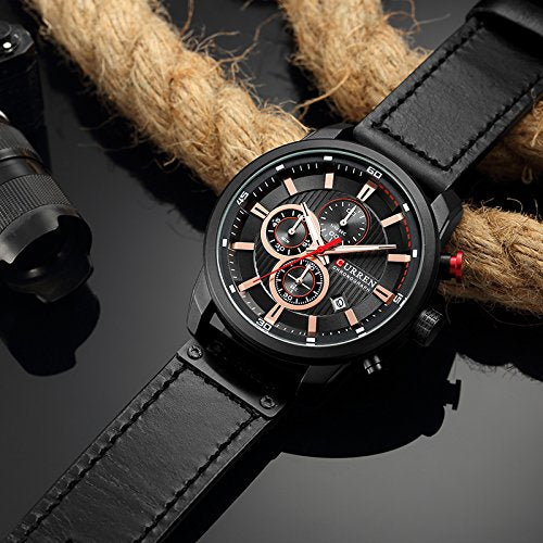 CURREN Mens Water Resistant Sport Chronograph Watches Military Multifunction Leather Quartz Wrist Watches (black black)