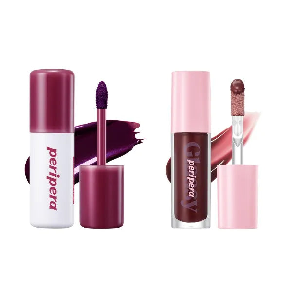 Peripera PEEL OFF LIP STAIN 01 BLACK CHERRY + INK GLASTING LIP GLOSS 06 MADE IT - Easy to remove, Long lasting, Hydrating, Plumping, Natural-looking