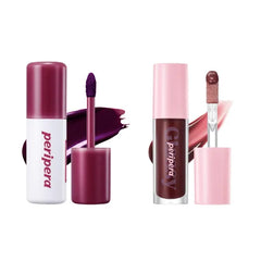 Peripera PEEL OFF LIP STAIN 01 BLACK CHERRY + INK GLASTING LIP GLOSS 06 MADE IT - Easy to remove, Long lasting, Hydrating, Plumping, Natural-looking