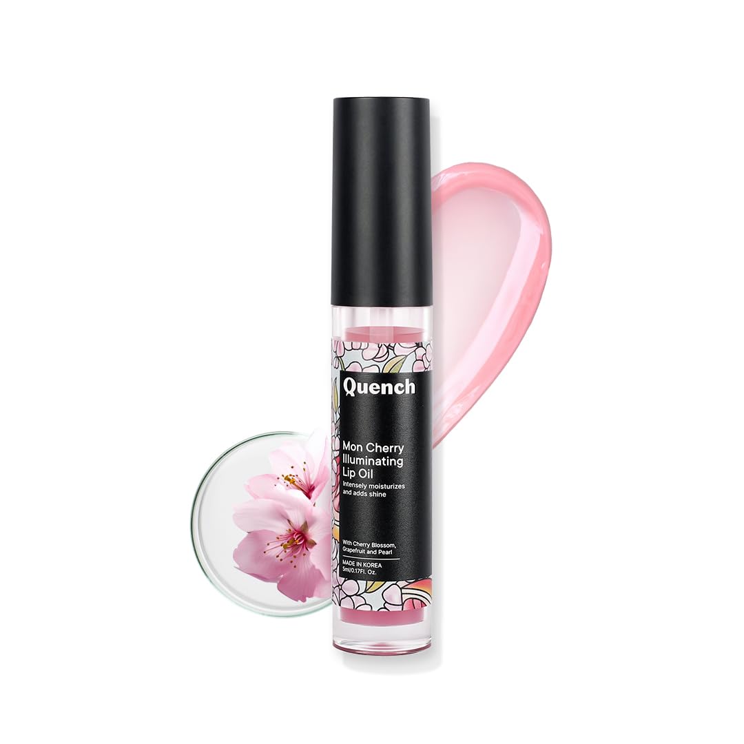 QUENCH BOTANICS Illuminating Tinted Lip Oil with Cherry Blossom & Patchouli Oil (Pink) | Korean Lip Balm for Plump, Glossy & Smooth Lips | Non-Sticky, Non-Greasy | Made in Korea (5ml)