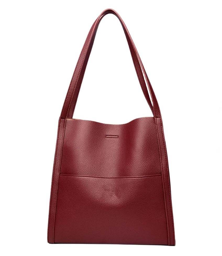 EXNOX Women Waterproof Large Capacity Handbags,Solid Color Simple Genuine Leather Shoulder Bag, Genuine Leather Totes (Red)