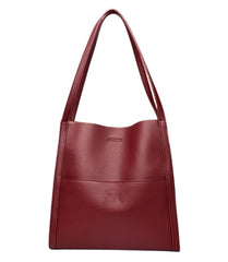 EXNOX Women Waterproof Large Capacity Handbags,Solid Color Simple Genuine Leather Shoulder Bag, Genuine Leather Totes (Red)