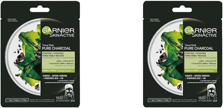 Garnier SkinActive Pure Charcoal Hydrating Facial Tissue Mask, with Natural Charcoal, Seaweed & Hyaluronic Acid, for Tightening Pores, 28g (Pack of 2)