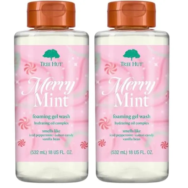 Tree Hut Merry Mint Foaming Gel Wash, Moisturizing & Hydrating Body Wash with Shea Butter, Gently Cleanses for Soft, Fresh & Radiant Skin, 18 fl oz (Pack of 2)