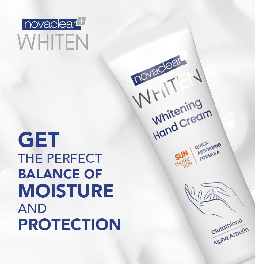 Novaclear Whitening Hand Cream with Glutathione, Alpha Arbutin, Shea Butter, Sweet Almond Oil, and SPF. for hand hyperpigmentation and dark spots, maximum sun protection and moisturizing.