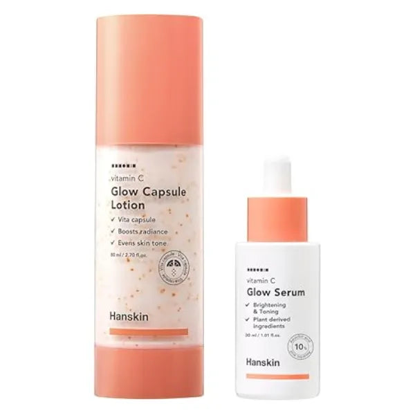 Hanskin Vitamin C Glow Duo Brightening Serum + Capsule Moisturizer Set with Pure Vitamin C, B12, Niacinamide & Sea Buckthorn for Dark Spots, Radiant Tone & Hydrating Korean Skincare