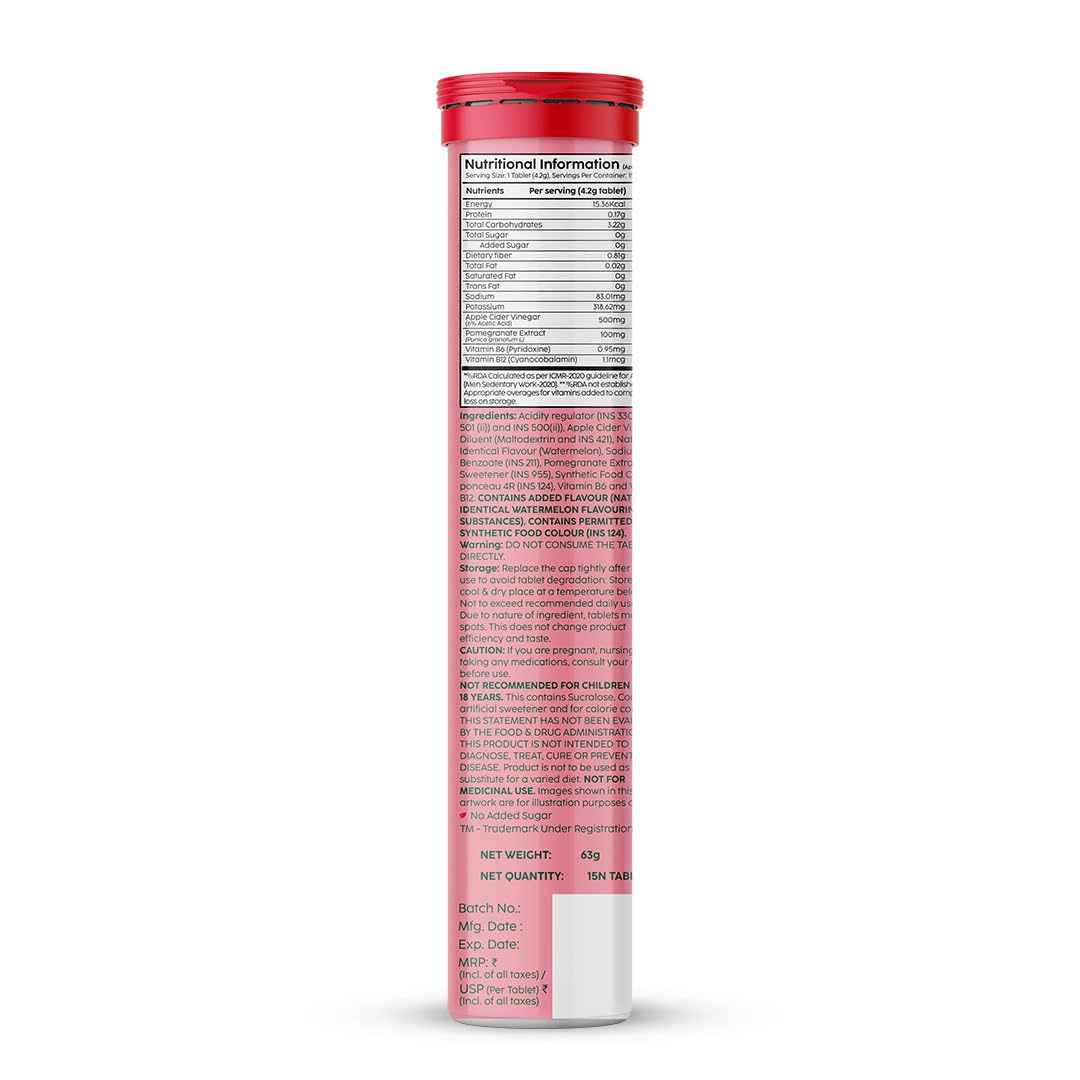 PLIX - THE PLANT FIX Apple Cider Vinegar with Mother | Vitamin B6 & B12 | Watermelon Flavour | 15 Effervescent Tablets, Pack of 1