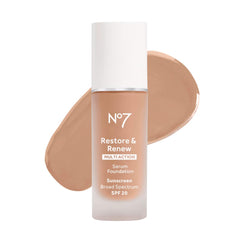 No7 Restore & Renew Multi Action Serum Foundation - Warm Beige - Liquid Foundation Makeup with Vitamin C, Vitamin E & Collagen for Face - Beauty Skin Serum Formula with Medium Coverage (30ml)