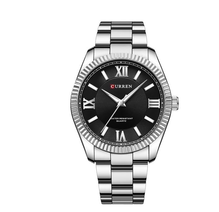 CURREN-Men's Stainless Steel Band Watch, Simple, Round Dial, Casual, Fashion, Water Resistant, Quartz, 8453 - SILVER BLACK