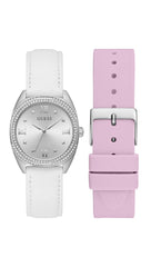 GUESS P SLV CS W/CRYS/SUN SLV DL/WHT SMTH LTR STRP/PINK SMTH SILICONE STRP