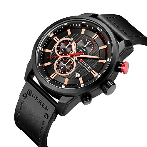 CURREN Mens Water Resistant Sport Chronograph Watches Military Multifunction Leather Quartz Wrist Watches (black black)