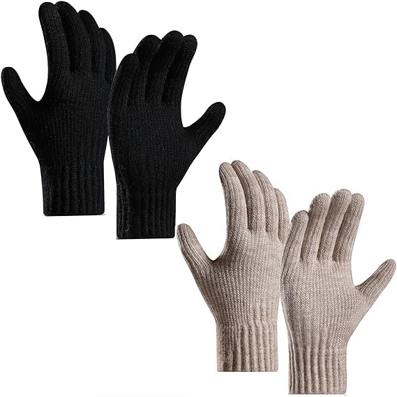 CLENEA 2 Pairs Winter Gloves for Women, Touch Screen Dual-Layer Cashmere Elastic Thermal Knit Gloves, Full Finger Lining Warm Gloves for Cold Weather, Black, Khaki