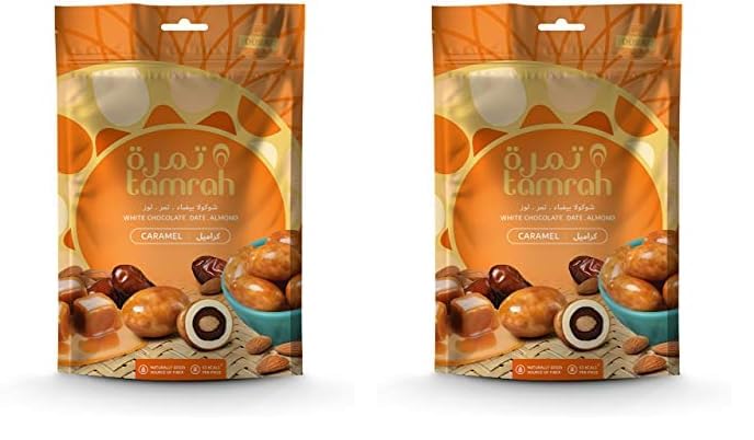 Tamrah Caramel Chocolate with Dates & Almonds Coated in Premium White Chocolate – Luxurious Treats for Gifting, Sharing, and Special Occasions – 100g Zipper Bag (Pack of 2)