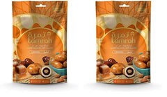 Tamrah Caramel Chocolate with Dates & Almonds Coated in Premium White Chocolate – Luxurious Treats for Gifting, Sharing, and Special Occasions – 100g Zipper Bag (Pack of 2)