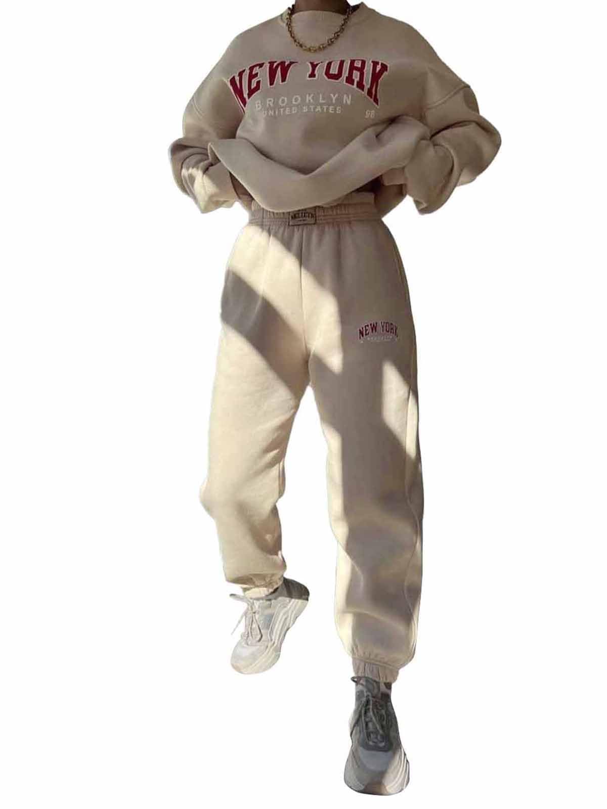 SHEKINI Women's Two Piece Tracksuit Sweatsuit Outfit Letter Print Leisure Suits Ladies Warm Outfit Full Set Long Sleeve Pullover Jogger Sweatpants - Apricot