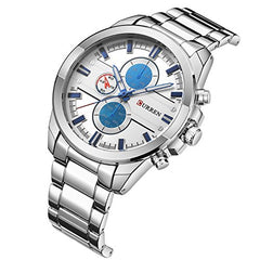 Mens Watches,CURREN Watches Quartz Analog Calendar,Wrist Watch for Men, Fashion Waterproof Stainless Steel Band, white