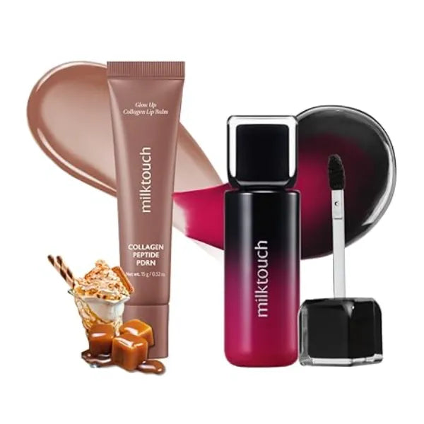 MILKTOUCH Summer proof Lip Combo Black Peel Off Lip Tattoo Black Cherry + Collagen Lip Balm CaramelFondue