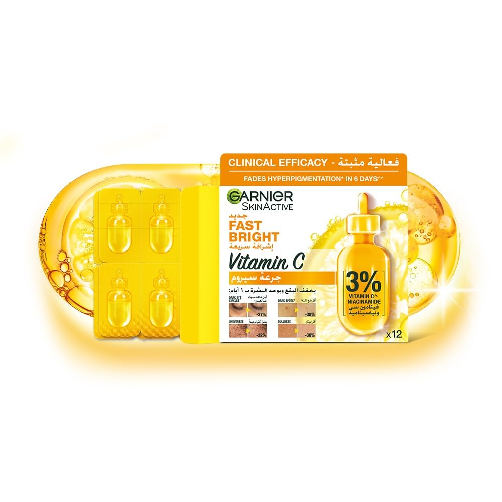 Garnier Fast Bright Vitamin C Brightening Ampoules For Dark Circles, Multipack, Hyperpigmentation Ampoules 3% Vitamin C & Niacinamide (12 X 1.5ml)