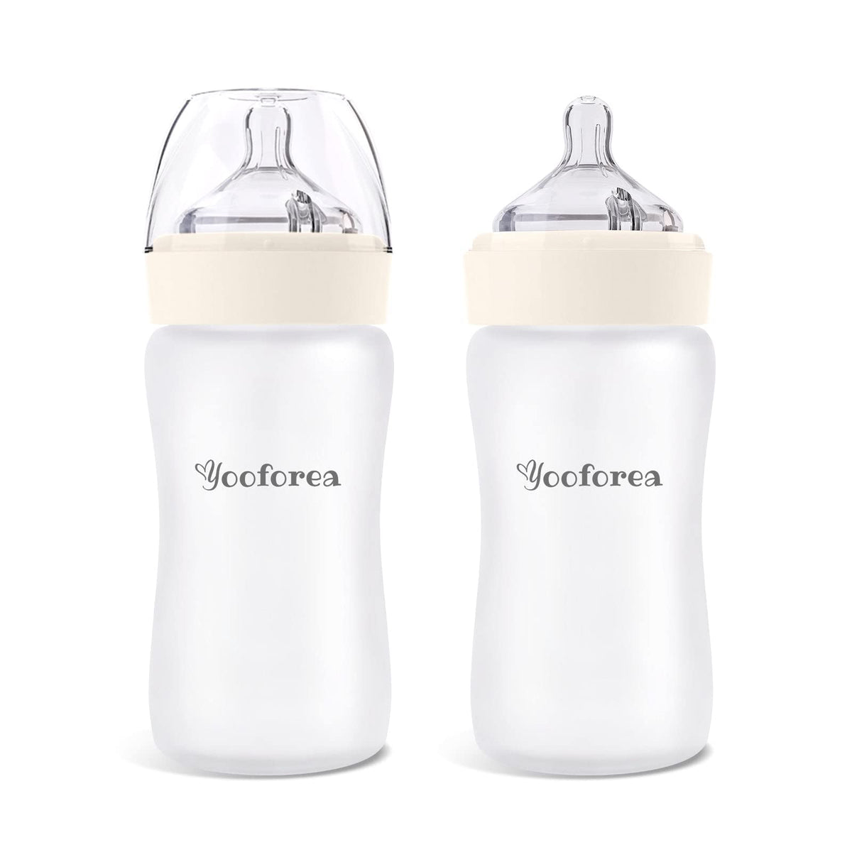 Yooforea Silicone Coated Glass Baby Bottle, 6M+ Fast Flow I Anti-Colic, Wide Neck, Stable Base I Medical-Grade Silicone Coating for Shatter Protection, BPA BPS PVC Free (2 Pack, 9 Ounce-Cream)