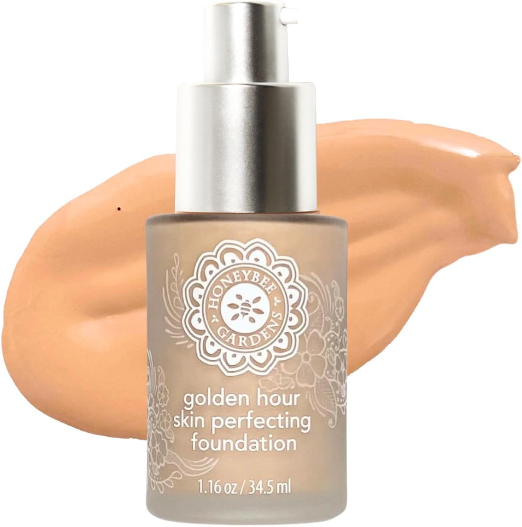 Honeybee Gardens Golden Hour Skin Perfecting Malibu (medium shade great for olive or Mediterranean skin tones) Liquid Foundation | Luxurious Golden Hour Radiance, 34.5ml/1.16 fl oz