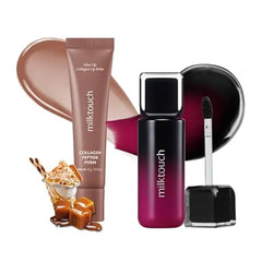 MILKTOUCH Summer proof Lip Combo Black Peel Off Lip Tattoo Black Plum + Collagen Lip Balm Caramel Fondue