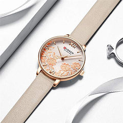 CURREN 9065 Ladies Stainless steel Casual Waterproof Small Dial Pattern Watch leather Band