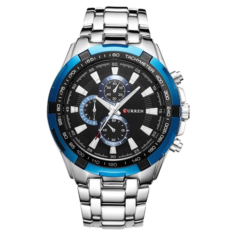 CURREN Men's Chrono Watch Black Stainless Steel Case Blue Bezel Black Dial 3 Subdials Stainless Steel Case