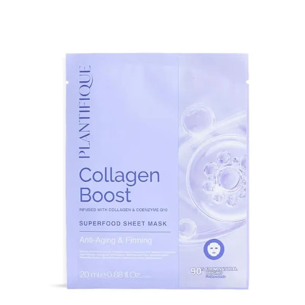 PLANTIFIQUE Facial Sheet Mask Collagen Boost 1 Pack Anti Aging & Firming Face Mask Sheets with Collagen, Coenzyme Q10 & Blueberries Korean Skincare for a Smooth, Revitalized Look