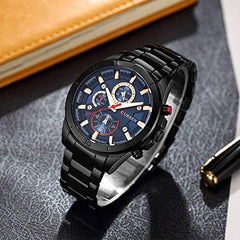 CURREN Men's Chrono Watch Gun Metal Steel Case Black Dial 3 Subdials Black Stainless Steel Case