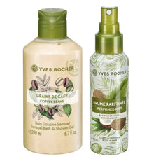 Yves Rocher Sensual Bath & Shower Gel Nourishing Moisturising - Coffee Beans and Coconut Body Spray Mist Set of 2 200 ml /6.7 fl.oz. 100 ml./3.3 fl.oz