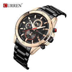 CURREN Men's Chrono Watch Rose Gold Stainless Steel Case Black Dial 3 Subdials Black Stainless Steel Case, Black