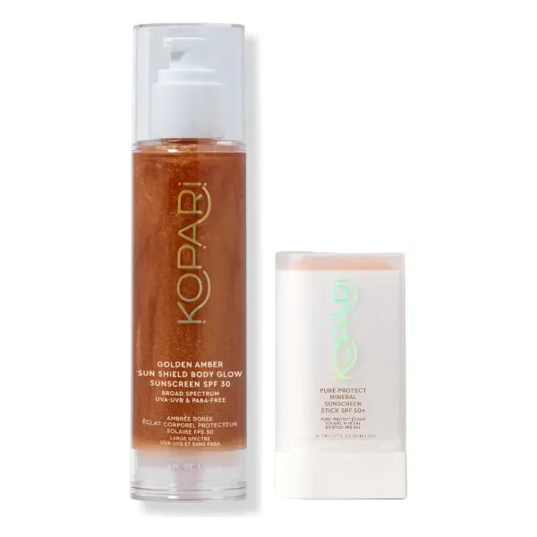 Kopari Sun Shield Body Glow Broad Spectrum SPF 30 In Golden Amber & Pure Protect 100% Mineral Sunscreen Stick SPF 50+
