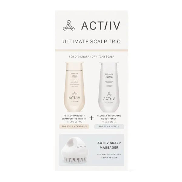 ACTIIV Ultimate Scalp Trio | Soothes Dry, Itchy Scalp, Reduces Flakes, Strengthens And Hydrates Hair, Includes Dandruff Shampoo, Conditioner & Scalp Massager, Vegan, For All Hair Types