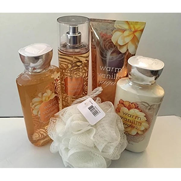 Bath & Body Works Warm Vanilla Sugar Deluxe 5 Piece Gift Set with Full Size Cream, Lotion, Shower Gel, Fragrance Mist and Shower Sponge