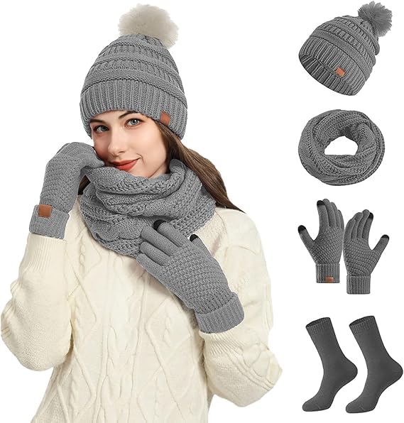 Cybrixus Winter Beanie Hat Scarf Touchscreen Gloves Set Knit Thick Fleece Lined Warm T Gloves Beanie Scarf Set for Men and Women Women Winter Hats 3 Piece Warmer Set, One Size - Gray
