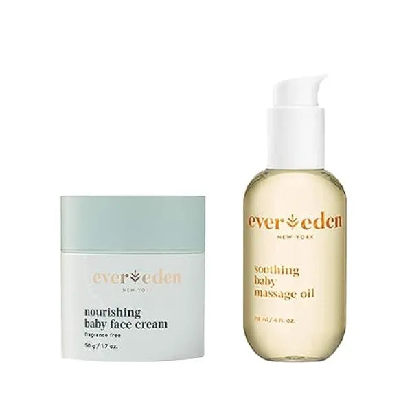 Evereden Soothing Baby Massage Oil, & Nourishing Face Cream 2 Item Bundle Set Clean and Unscented Baby Care