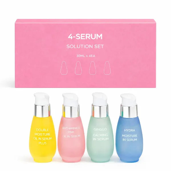 CHARMZONE Oil-in-Serum 4-Solution Set (1.01 fl.oz / 30ml x 4) – Double Moisture, Anti-Wrinkle Pink, Ginkgo Calming, Hydra Moisture Serums for Face