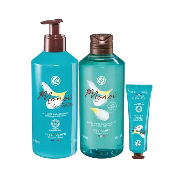 Yves Rocher Monoï de Tahiti Monoi Moisturizing Body Hair Gel Milk and Hand Cream Set of 3 Coconut and Tiare Scent All Skin Types 390 ml./13.1 fl.oz, 400 ml./13.5 fl.oz, 30 ml./1 fl.oz