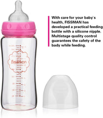 Fissman Baby Feeding Glass Bottle, Light and Slim Bottle Easy to Hold, Food Grade Borosilicate Glass, Wide Neck, Dishwasher And Easy to Clean, BPA Free 260ml (Pink)