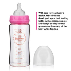Fissman Baby Feeding Glass Bottle, Light and Slim Bottle Easy to Hold, Food Grade Borosilicate Glass, Wide Neck, Dishwasher And Easy to Clean, BPA Free 260ml (Pink)
