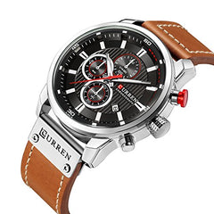 CURREN Mens Water Resistant Sport Chronograph Watches Military Multifunction Leather Quartz Wrist Watches - Silver