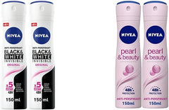 Nivea Black & White Invisible Original, Antiperspirant For Women, Spray 150ml, Pack Of 2 & Antiperspirant Spray for Women, Pearl & Beauty Pearl Extracts, 2x150ml