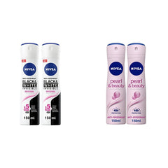 Nivea Black & White Invisible Original, Antiperspirant For Women, Spray 150ml, Pack Of 2 & Antiperspirant Spray for Women, Pearl & Beauty Pearl Extracts, 2x150ml