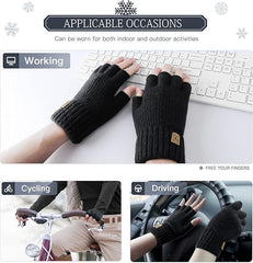 HZYH Fingerless Gloves Half Finger Gloves Winter Warm Knitted Gloves Working Running Biking Driving for Men and Women - Black