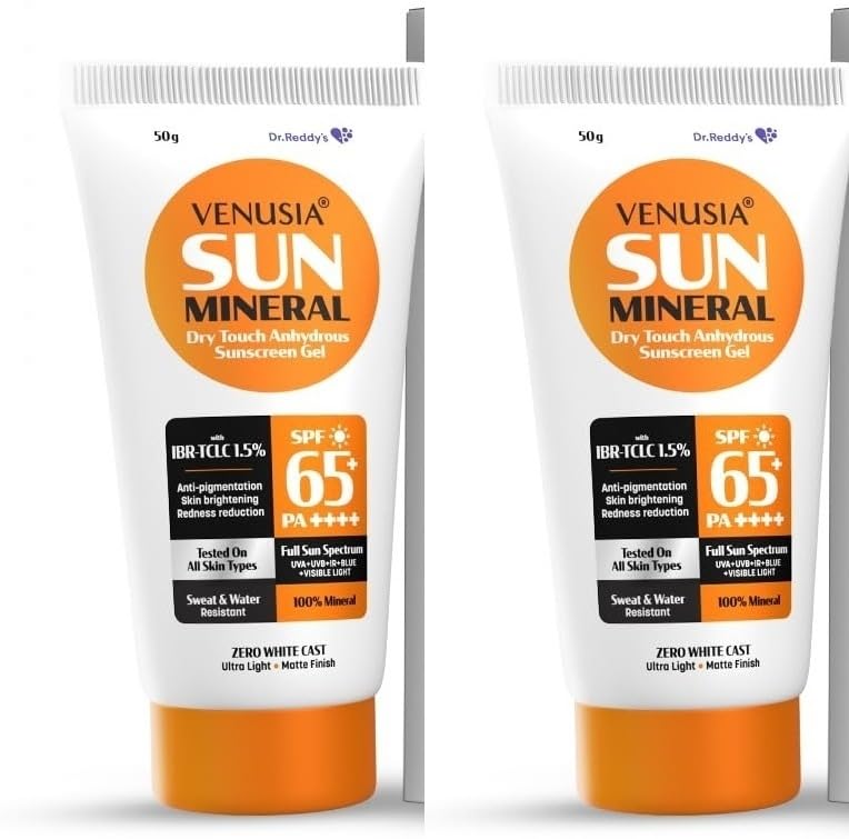Venusia Mineral sunscreen SPF 65 PA++++ Full spectrum protection |UVA, UVB, Blue light protect I with Anti-oxidant I Sweat & water resistance |for all skin types |50 g x Pack of 2