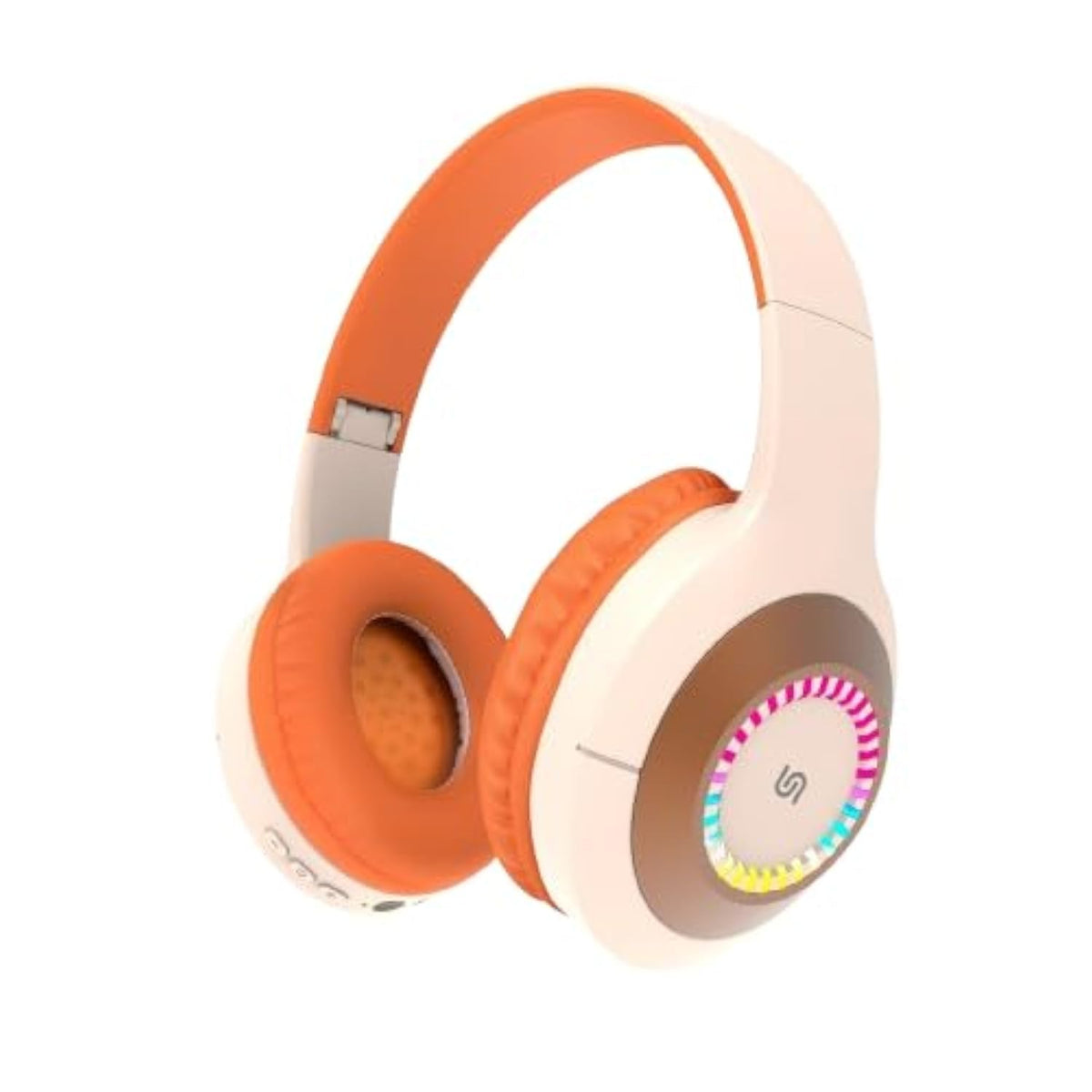 Porodo Soundtec Kids Rechargeable Headphone, Bluetooth & 3.5mm Aux Cable Connectivity, LED Lights, Type-C Charging, Extended Playtime, Automatic Shut Down (Beige/Orange)