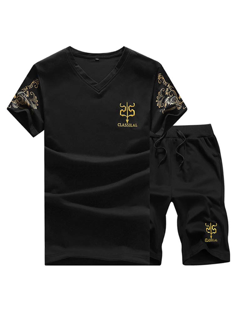 PASOK Men's Casual Tracksuit Full Zip Running Jogging Athletic Sports Jacket and Pants Set -Short Style Black