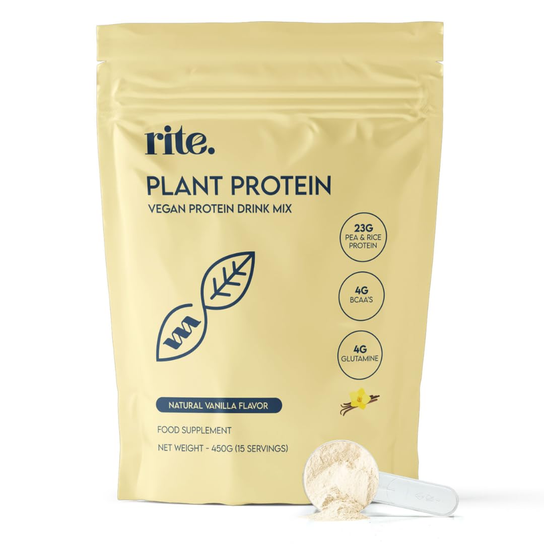 Rite. Performance Protein - Vegan Protein Powder with 23g Plant-Based Protein, 4g BCAAs & 4g L-Glutamine. Perfect anytime & post workout. Tastes great with just water! Vanilla Flavour (15 Servings).