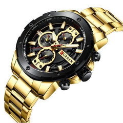 CURREN Men's Chronograph Watch Stainless Steel Case Black Dial 3 Subdials with Date Window Gold Stainless Steel Bracelet, Gold